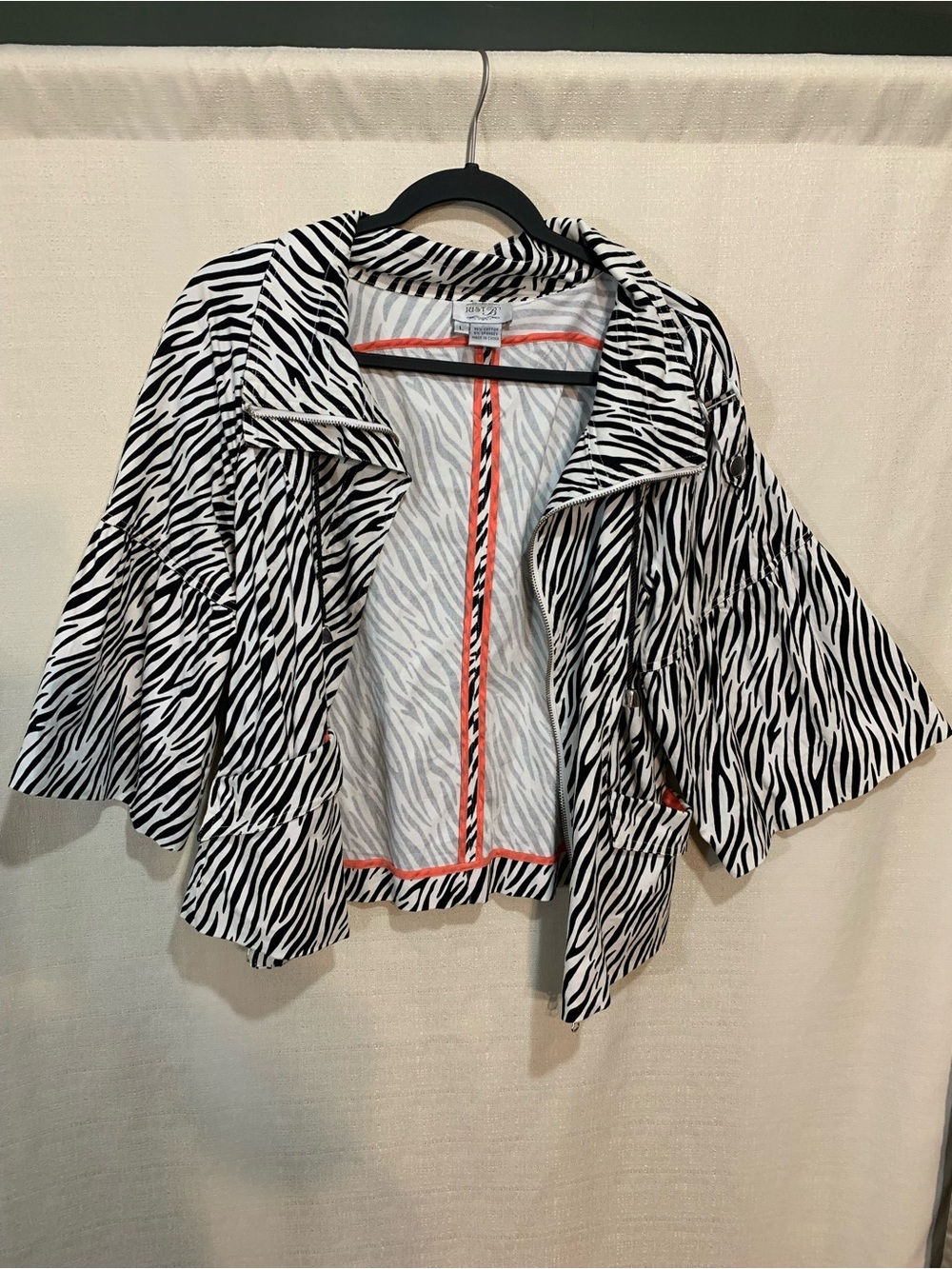 just be Zebra Print zipper up Women's Top - Black & White with Coral trim a3/109
